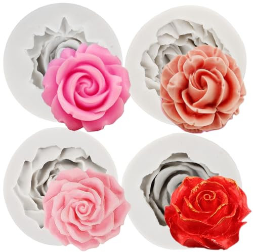 MYPRACS Lot De 4 Moules En Silicone En Forme De Fleur De Rose 3D Pour Fondant, Décoration De Gâteaux, Décoration De Cupcakes, Argile Polymère, Bonbons, Chocolat, Pâte À Gomme