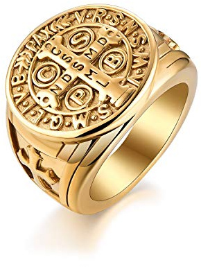 JewelryWe Schmuck Retro Herren-Ring Edelstahl Exorcism St Benedict Kreuz Ring Dämon Schutz Ghost Hunter CSBP katholischen Siegelring Bandring Band mit Gravur Silber/Gold Größe 57 bis 70