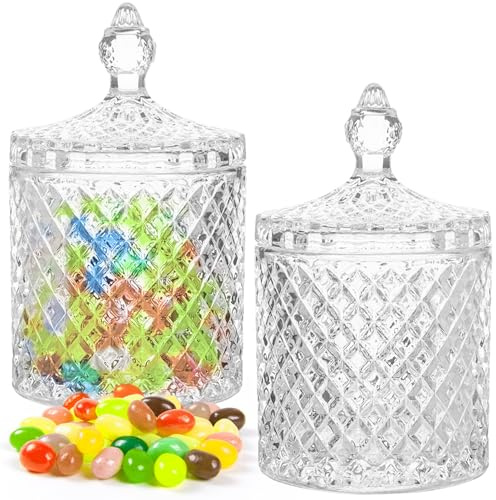 BLLREMIPSUR Kristallgläser, 2 Stück, Kristallglas, Süßigkeitenschale, Süßigkeitenglas mit Deckel, Diamant-klarer Snack-Aufbewahrungsbehälter für Wohnzimmer, Schlafzimmer, Küche, Badezimmer