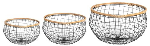 IDIMEX Metallkorb Lou 3er Set rund - schwarz/Natur Drahtkorb mit Holzrahmen, Organizer, Aufbewahrungskorb, Abstellkammer, Bad, Küche