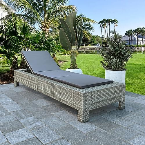 Keyroto Sonnenliege wetterfest Gartenliege Verstellbarer Polyrattan Sonnenliege Outdoor Relaxliege für Garten, Balkon und Terrasse mit Auflage-Grau-220 x 75 x 35 cm