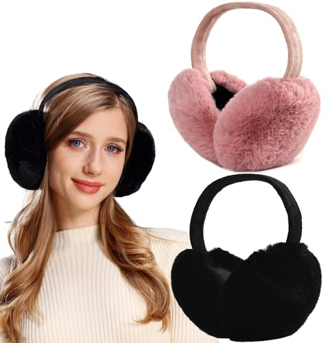 FSMILING Verstellbar Winter Ohrenwärmer Damen Ohrenschützer Plush Winter Earmuffs Ear Warmer Für Damen Frauen,1/2 Pack