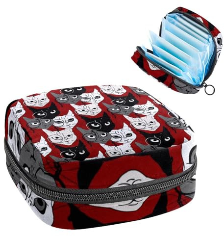 Aufbewahrungstasche für Damenbinden, Menstruationstasse, Tamponbeutel, Periodeneinlagen-Halter, Organizer für Frauen und Mädchen, schwarz-grau-weiße Katzen mit Brille