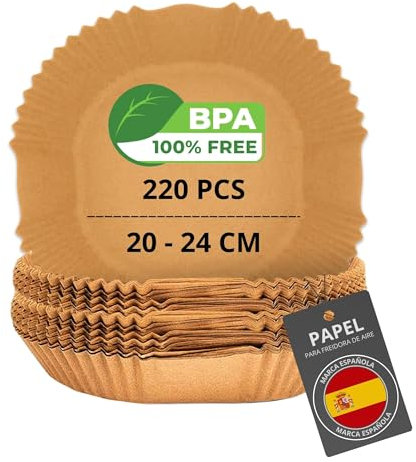 200/220 Piezas Papel Freidora Aire de 20-24cm BPA Free | Accesorios Air Fryer en Formato Cuadrado y Plano | Compatible para 5-7 Litros. (220 Cuadradas)