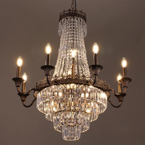 TOCHIC Crystal Chandelier for Dining Room, 30.4 D Vintage French Empire Chandelier for Living Room Farmhouse Chandeliers Ceiling Light for Bedroom, Antique Bronze Pendant Light Fixture for Kitchen