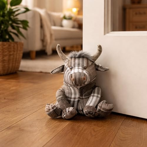 Marco Paul Tartan Cow Grey Door Stop - Cute Animal Weighted Heavy Duty Durable Child Safe Fabric Doorstop - Interior Doorstop Stuffed Animal Door Stopper Decorative Door Stops for Home and Office