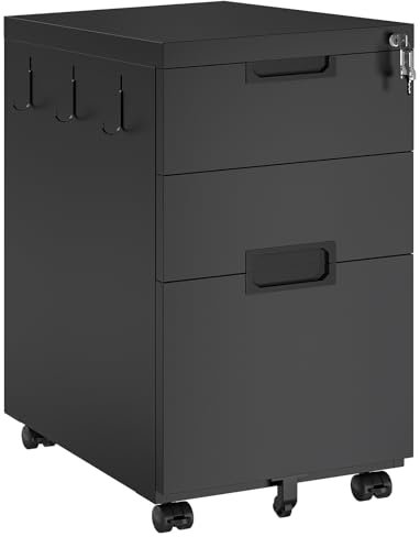 HOOBRO Rollcontainer, Aktenschrank mit 3 abschließbaren Schubladen, Büroschrank unter Schreibtisch, Metall Bürokommode für A4, Legal, Letter, 3 Haken, für Home-Office, Arbeitszimmer, Schwarz EBB13WJ01