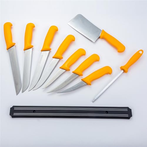HOOZ Fleischmesser Set 10-teilig mit Hackebeil & Wetzstahl | Profi Küchenmesser aus Edelstahl mit Ergo-Grip Griffen | Fleischmesser Set für präzises Schneiden von Fleisch, Fisch & Geflügel