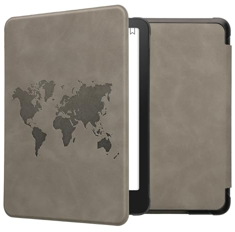 kwmobile Schutzhülle für Amazon Kindle Paperwhite (2024)/Colorsoft Hülle - eReader Case aus Kunstleder mit Auto Sleep Funktion - Travel Umriss mit Grau