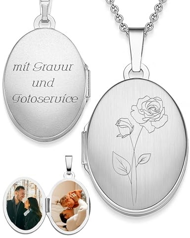 Amoonìc Damen Medaillon mit Geburtsblume oval Silber 925 / Gold vergoldet | Kette zum Öffnen für Bilder personalisiert mit Geburtsblumen Gravur, Geschenk Geburtstag