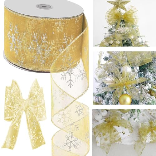 Nastro per albero di Natale, 9,14 m, nastro decorativo in rete per ghirlande, albero di Natale, nastri in organza glitterati per regali, artigianato e decorazione