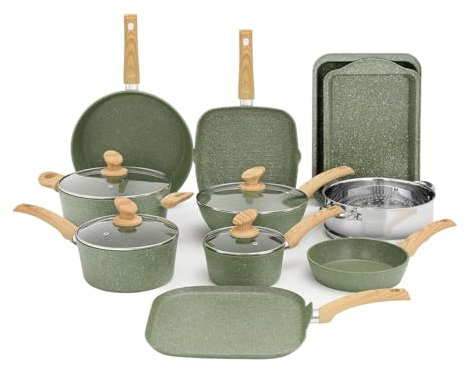 HJZSZX 17 delar induktionskokkärl set grön granit grytor och stekpannor set Nonstick kokkärl set, 17 st, en