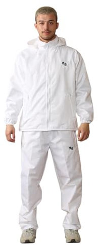 janisramone® Unisex Waterproof Bowling Jacket, Mens Waterproof Trousers, Fully Fleece Lined White Waterproof Jacket Zip Pockets Detachable Hoodie With Embroidered Logo - White Bowls Trousers for Men