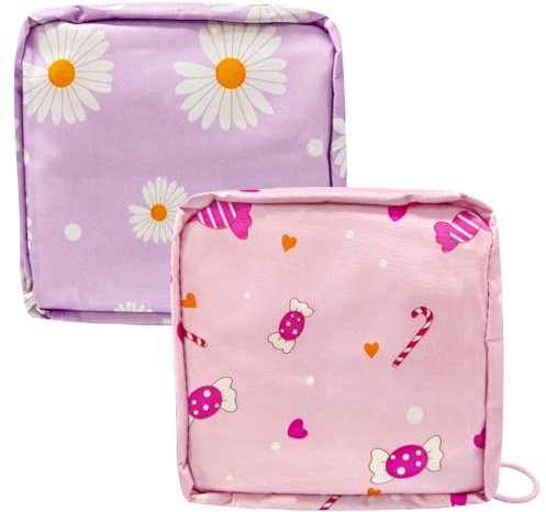 REEKNOKOL 2Pcs Sanitary Towel Holder，Period Bag Sanitary Napkin Storage Bag Sanitary Pouch with Zipper Portable Pantyliners Bag for Women Teen Girls Ladies (Pink/Purple)