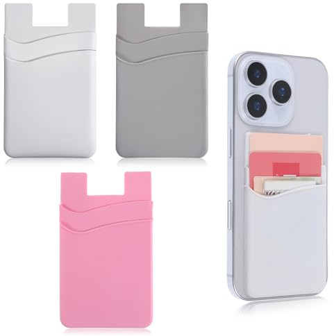 Apausvcm 3Pcs Card Holder for Phone, Silicone Phone Card Holder Self Adhesive Phones Wallet Stick on for Phones Case Compatible for Most of Cellphones (White, Pink, Gray)