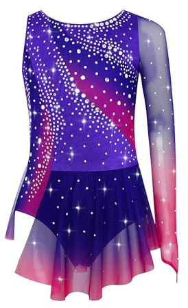 Sxiwei Fille Robe Patinage Artistique Asymétrique Une Epaule Strass Justaucorps Gymnastique Danse Spectacle Tenue Enfant 5-16 Ans Violet 7-8 Ans