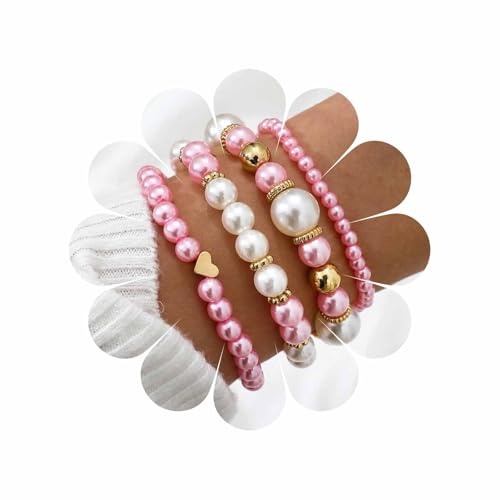 Wendalern 4 Stück Herz Perle Perlen Armband Set Stapelbar Elastische Armbänder Mehrschichtige Simulierte Perle Strang Stretch Armreifen Hochzeit Handgelenk Schmuck Geschenke Für Frauen