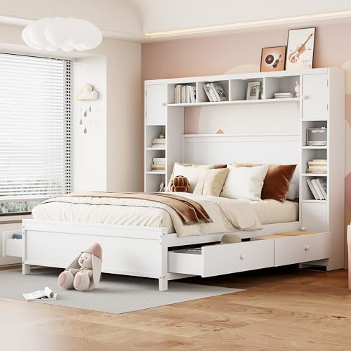 RIAZOS Doppelbett Holzbett 140x200 cm, Kinderbett mit 4 Schubladen, Kopfteil mit Bücherregal und Stauschrank, Bettgestell mit Lattenrost, Jugendbett, Funktionsbett, ohne Matratze, Weiß