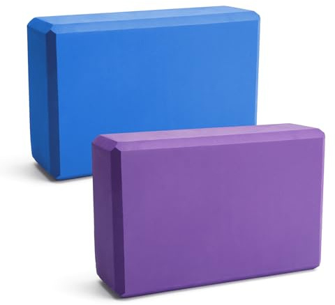 HENGBIRD Bloques de yoga de espuma EVA de alta densidad, antideslizantes, portátiles, adecuados para yoga, pilates, fitness, 23 x 15 x 7,5 cm, color lila y azul