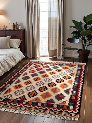 Hanse Home Afghan Kelim Teppich Kian - Bunter Traditioneller Teppich Handgewebt, Wolle & Baumwolle - Afghanischer Stil Oriental mit Fransen für Wohnzimmer, Schlafzimmer - Creme Multi, 120x170 cm