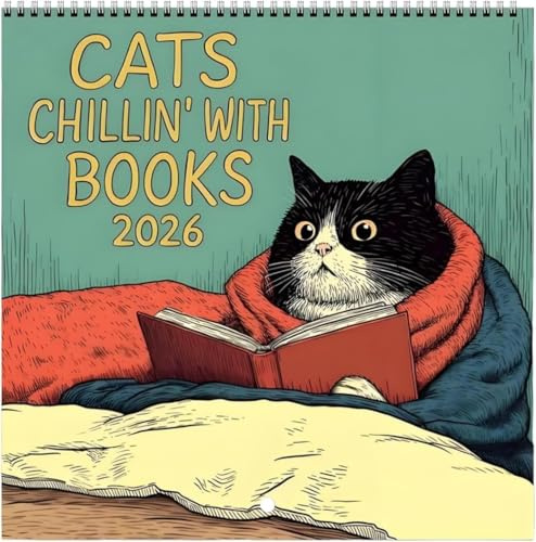 Reading Cat Calendar 2026, Cat Chillin with Book Wall Calendar, Funny Monthly Planner with Kittens Illustration, Cute Funny Cat Art Hanging Calendar, Hanging 12 Months Wall Planner