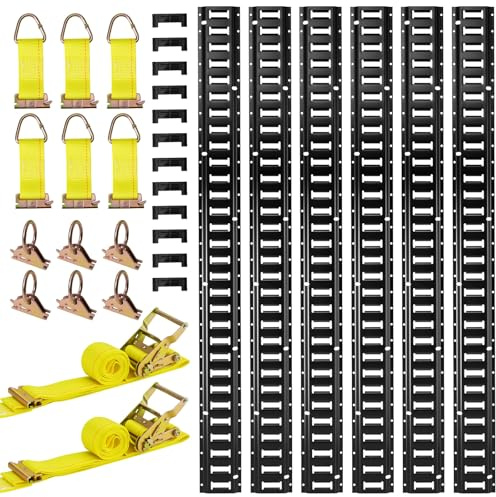 VEVOR Juego de 6 Rieles de Amarre E-Track de 1,5 m, con 2 Correas de Trinquete, 6 Juntas Tóricas, 6 Correas de Amarre con Anilla en D y 12 Tapas para Garajes, Furgonetas, Remolques y Motocicletas