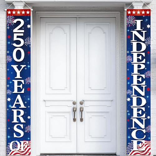 71 x 12 Inches 250th Anniversary Independence Day Door Banner, Red White Blue Stars and Fireworks Patriotic Porch Sign for 4th of July, Front Door Wall Decoration, Outdoor Indoor USA 250 Years Decor