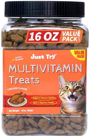 Just Try Cat Multivitamin Treats with L-Lysine for Cat Immune Support 453g | Overall Vitality Support, Chicken Flavor, Cat Dental Treats, Daily Multivitamin Care