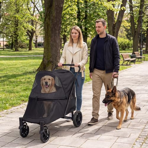 LAUSAINT HOME 4-Rad-Tierwagen, klappbarer extra großer Hundewagen für mittelgroße und große Hunde/Katzen mit integrierter Zugangsrampe, Tiertransportbox Katzenwagen mit atmungsaktivem Netz, Schwarz