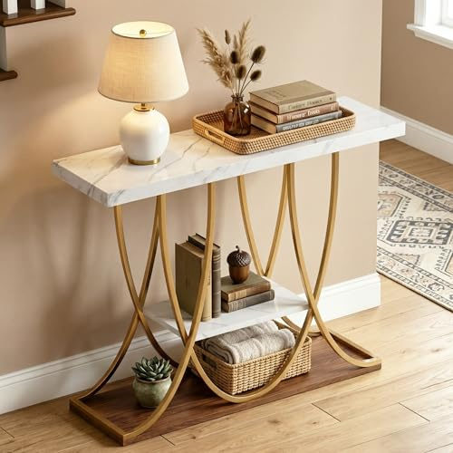 DAWNYIELD 3-Tier Console Table with Curved Metal Frame, Gold