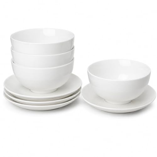 Urban Lifestyle 8-teiliges Schüssel 300ml Set mit Untertellern Weiße Porzellan Suppenschalen Modernes Design Stapelbar & Spülmaschinenfest Ideal für Suppe, Müsli, Salat & Beilagen