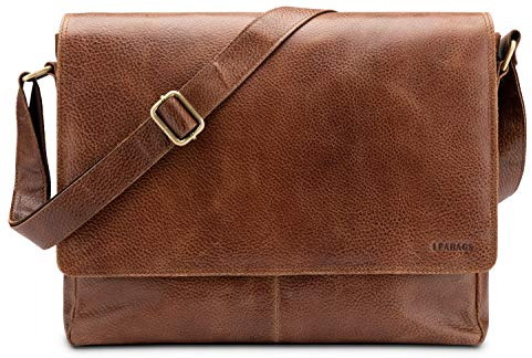 LEABAGS Bolso Bandolera para Hombres y Mujeres | Bolso Mensajero con Correa | Bolsa Cuero Genuino para Portátil 15 | Bolsa de Hombro | Bolsa de Trabajo | Bolsa de Transporte | Amber