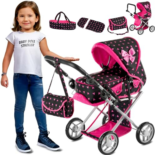 Kinderplay Carrozzina per Bambole, Passeggino per Bambole – Gondola, L'altezza del manico è di 36.5-64 cm, Passeggino Giocattolo, Costruzione Leggera e Stabile, KP0200R