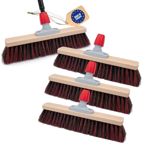 Novaliv 4 escobas de calle de 40 cm, con mango I Arenga-Elaston negro-rojo, mango telescópico, escoba para exteriores, batidor industrial, escoba de jardín, escoba multiusos