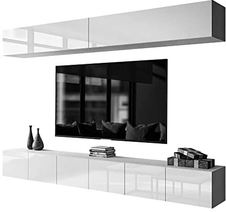 lukmebel COLGANTE II Wohnwand Lowboard Wohnwand Set TV-Schrank Hängeschrank Weiß Hochglanz HG Fernsehschrank mit LED Beleuchtung und Push to Open System Sideboard Lowboard Wohnzimmer