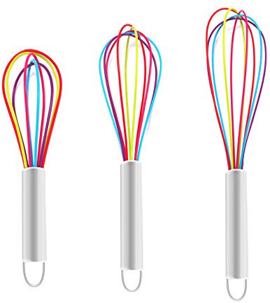 3Pcs Silicone Whisk Set Plastic Whisks Small Silicone Tipped Balloon Whisk Rainbow Manual Colourful for Childrens Kids Mini Hand Baking Cooking Non Stick Pans 8/10 /12Inch