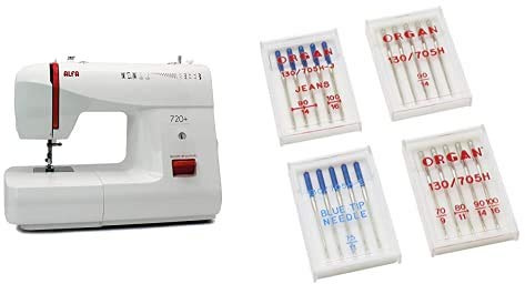 Alfa Basic 720 - Máquina De Coser, 9 Diseños De Puntada, Motor De 70 W, Color Blanco + - Agujas Para Máquina De Coser 4 Estuches, Acero Inoxidable 30x19x41 cm
