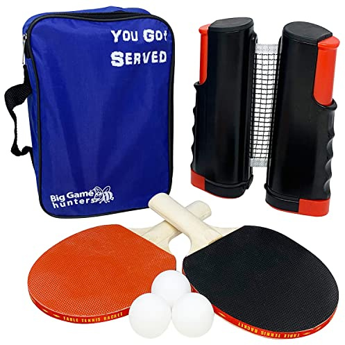 Big Game Hunters Table Tennis Set | Expanding Retractable Premium Net, Bats, Balls in Oxford Cloth Bag | All-in-One Kit | Fits Any Table | Great Gift & Indoor/Outdoor Game