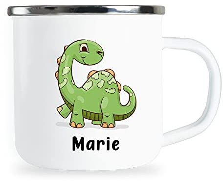 Marie Personalisierte Kindertasse mit Name und lustigem Dinosaurier Motiv Emaille Tasse individuelle Geschenke Kind Geburtstag Junge Mädchen Metallbecher Emailletasse Geschenkidee