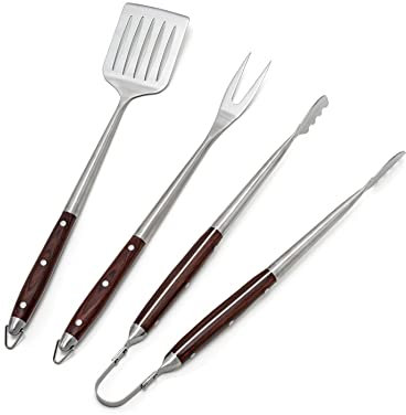 TBS Deluxe Edelstahl Besteck Set mit Holzgriff 3-er Set mit Grillwender, Grillgabel und Grillzange