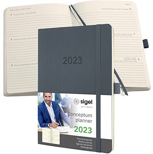 SIGEL C2336 Terminplaner Wochenkalender 2023 - ca. A5 - dunkelgrau - Softcover - 192 Seiten - Gummiband, Stiftschlaufe, Archivtasche - PEFC-zertifiziert - Conceptum