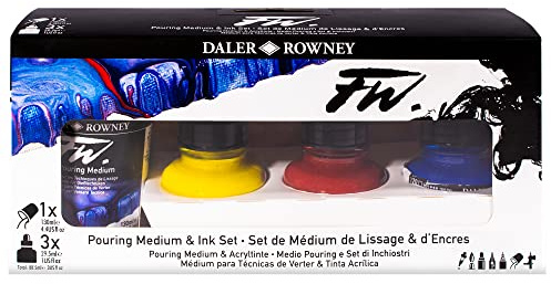 Daler-Rowney FW 29.5ml Pouring Ink Set with Medium - Acrylic Pouring Paint Supplies for Artists and Students - Vivid High-Flow Artist Paint Set for Canvas and More