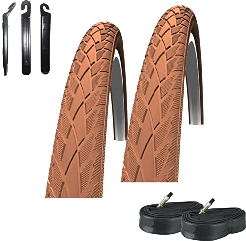 2 x Schwalbe Road Cruiser Braun Reflex Fahrradreifen Decke 42-622 (28 x 1.60) + 2 Schwalbe DV17 Schläuche inkl. 3 Reifenheber
