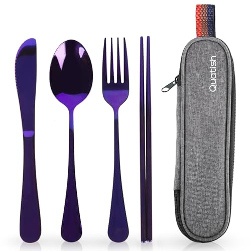 Quatish Campingbesteckset, Edelstahl mit Etui, 5 Stück, Violett | Bestecktasche für Unterwegs, Camping Besteckset 1 Person , Spülmaschinenfest, Outdoor‑Besteck für Reise, Arbeit, Schule