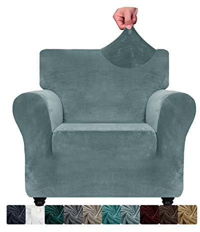 CHELZEN Velvet Chair Covers for Armchairs 1 Seater Thick Stretch Couch Covers for Dogs Pets Non-Slip Chair Slipcover with Arms Furniture Protector for Living Room (1 Seater, Dusty Blue)