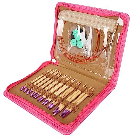 HOHXFYP 34-Teiliges Rundstricknadel-Set, 10 Paar Austauschbare Runde 39,4-Zoll-Häkelnadeln Aus Bambus-Edelstahl, Größe 3–6,5 Mm, Mit Aufbewahrungstasche, Ergonomische Griffe