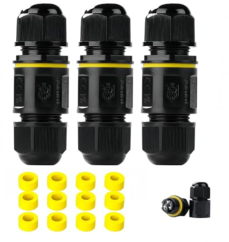 Tynoscco Kabelverbinder Wasserdicht 3polig, 2-Wege IP68 Wasserdichte Kabelverbinder 4-12mm, Verteilerdose außen, 3-Leiter, Schraubanschluss für Outdoor, 3 Stück Schwarz
