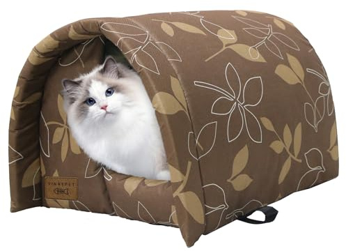 Vinnypet Katzenhöhle Für Draußen Wasserdicht Und Warm | Faltbare Katzenhaus mit Plüschkissen Weich Hundehöhle Tierheim Für Streuner Haustiere 54x42x36cm