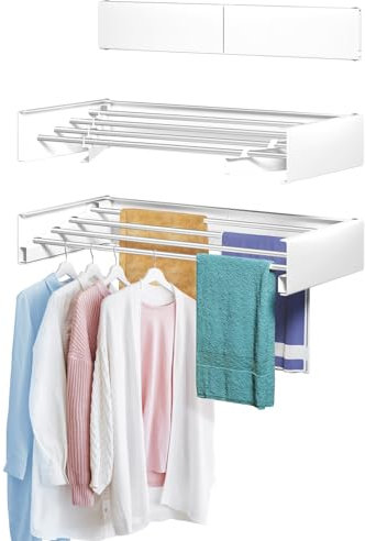 kenvc Wäscheständer, zusammenklappbar: Wandmontierter Wäscheständer, 60 cm breit, 24 Aluminiumstangen, 18 kg Kapazität, mit Wandschablone, Schraubendreher-Bit, Bohrer, Weiß, 24 Stück