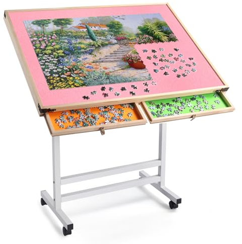 WESTHL Wooden Jigsaw Puzzle Table for Adults and Kids,Portable Folding Puzzle Table with Non-Slip Surface Tilting Board for Games or Gift for Puzzle Amateur (1500 Pcs with 2 Drawers Large)